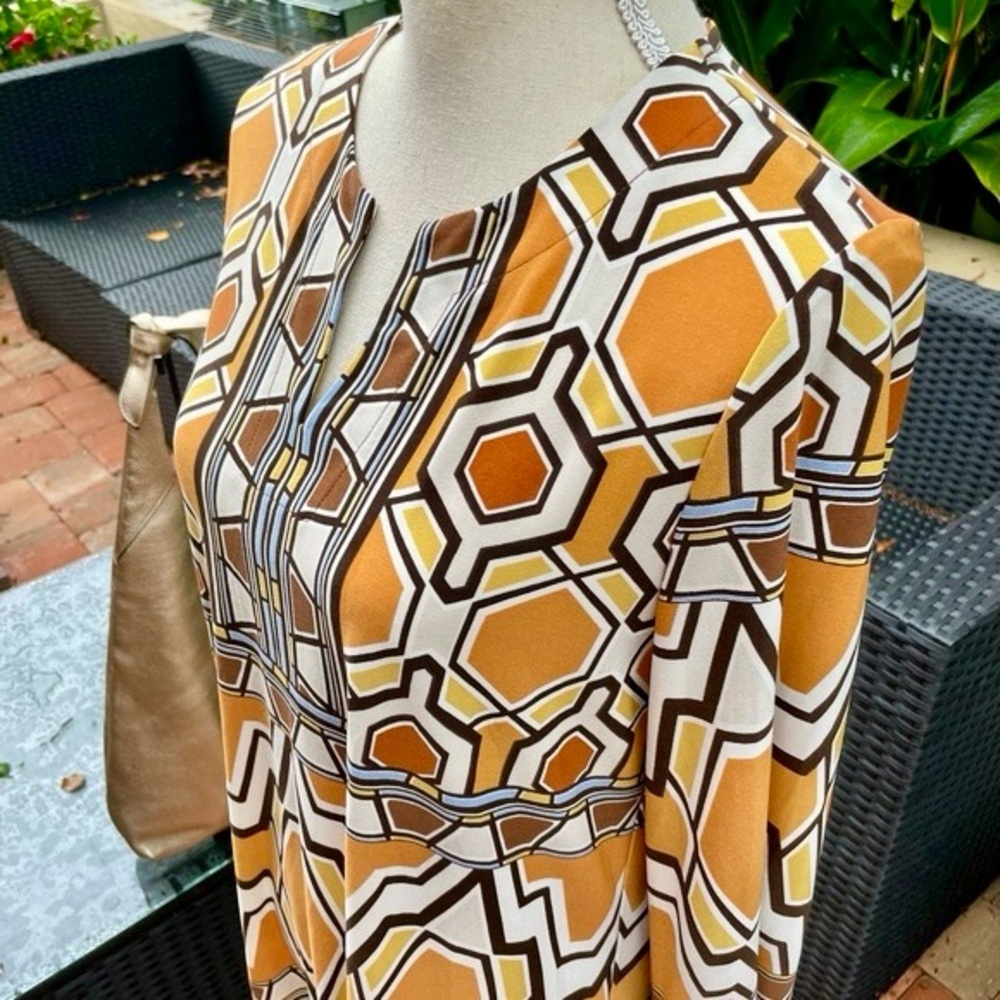 CHICO’S Yellow Gold White & Brown Geometric Blouse Tunic Top - Picture 3 of 16